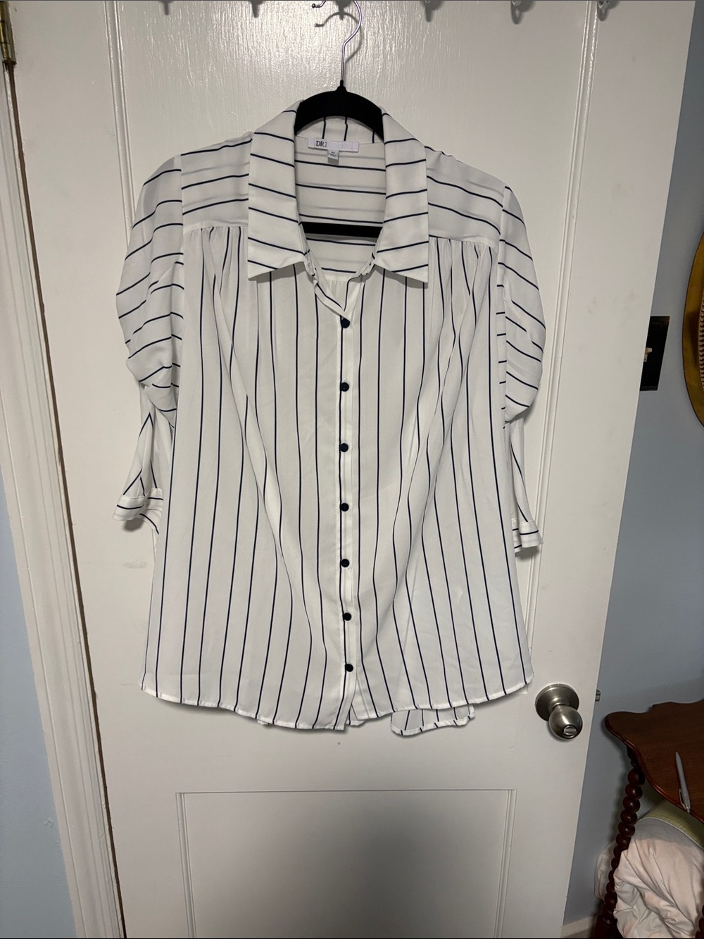 DR2 White Button-Down Shirt with Navy Pinstripes